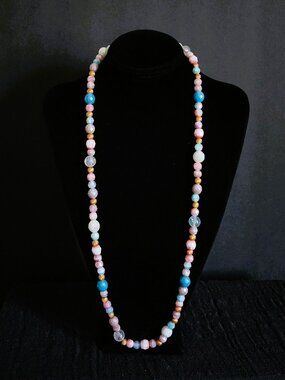 Vtg 80s Pastel Moonglow Glass Bead Necklace AB Aurora Borealis Gold Spacers 31”